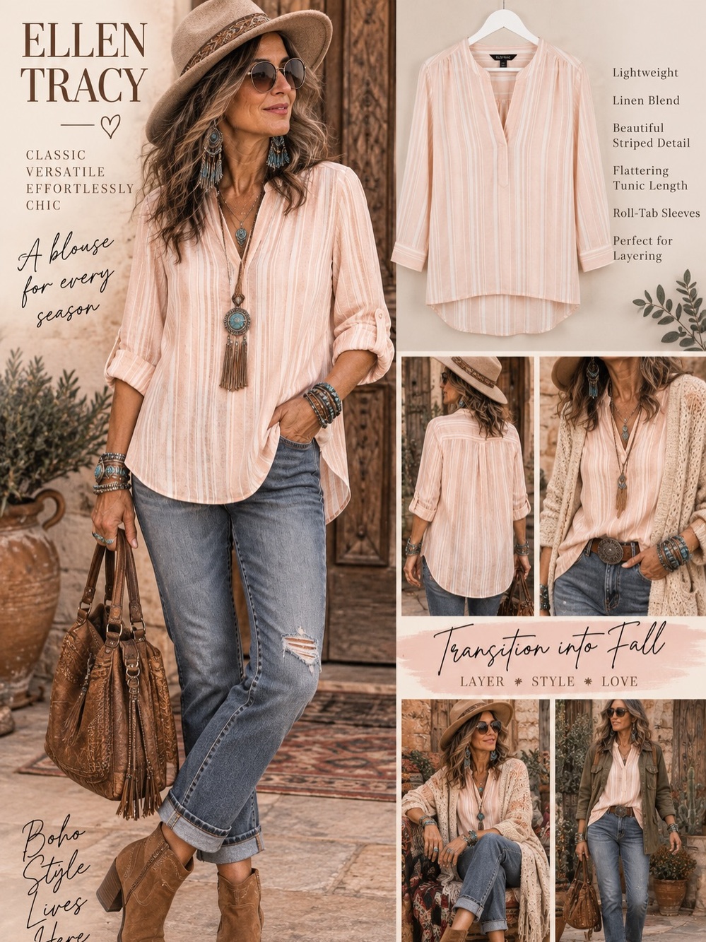Ellen Tracy Linen Blend Striped Tunic Blouse Peach Boho Coastal Size XL